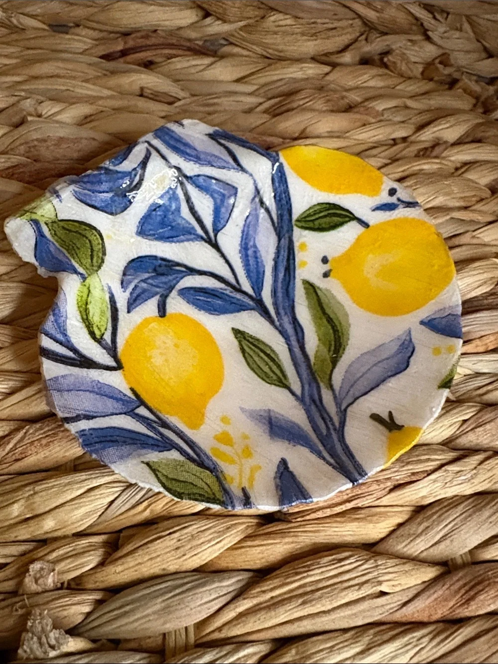 Hand Crafted Yellow & Blue Lemon Shell Accent Dish